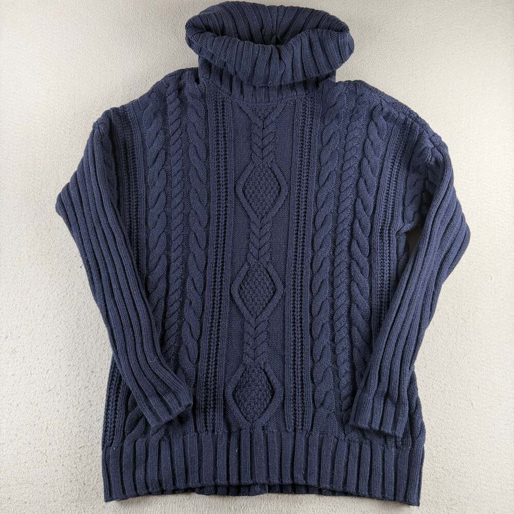 Athleta Womens XL Navy Blue Chunky Cable Knit Turtleneck Sweater Fisherman Cozy